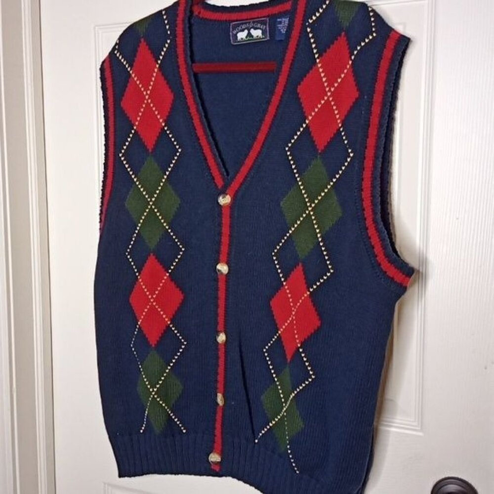 Vintage Woods & Gray Button-Down Argyle Sweater Vest Navy Green. XL 100%…